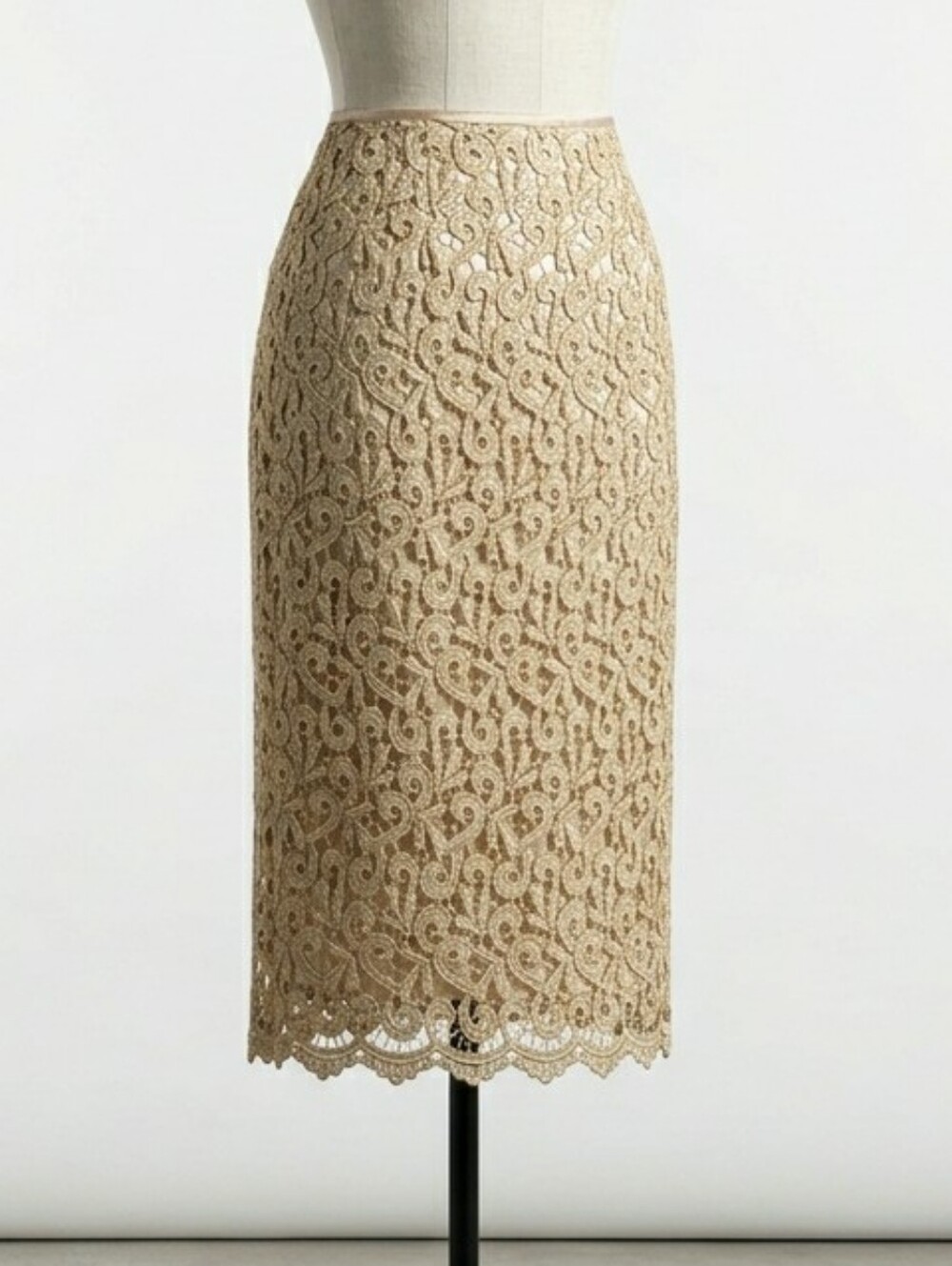 Vintage 90s Helene Blake Gold Metallic Lace Pencil Skirt Champagne Satin M